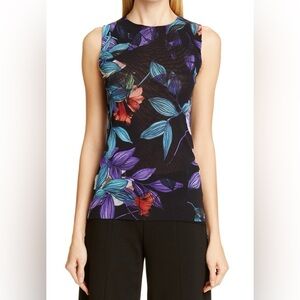 Fuzzi Floral Leaves Jewel Neck Sleeveless Blouse